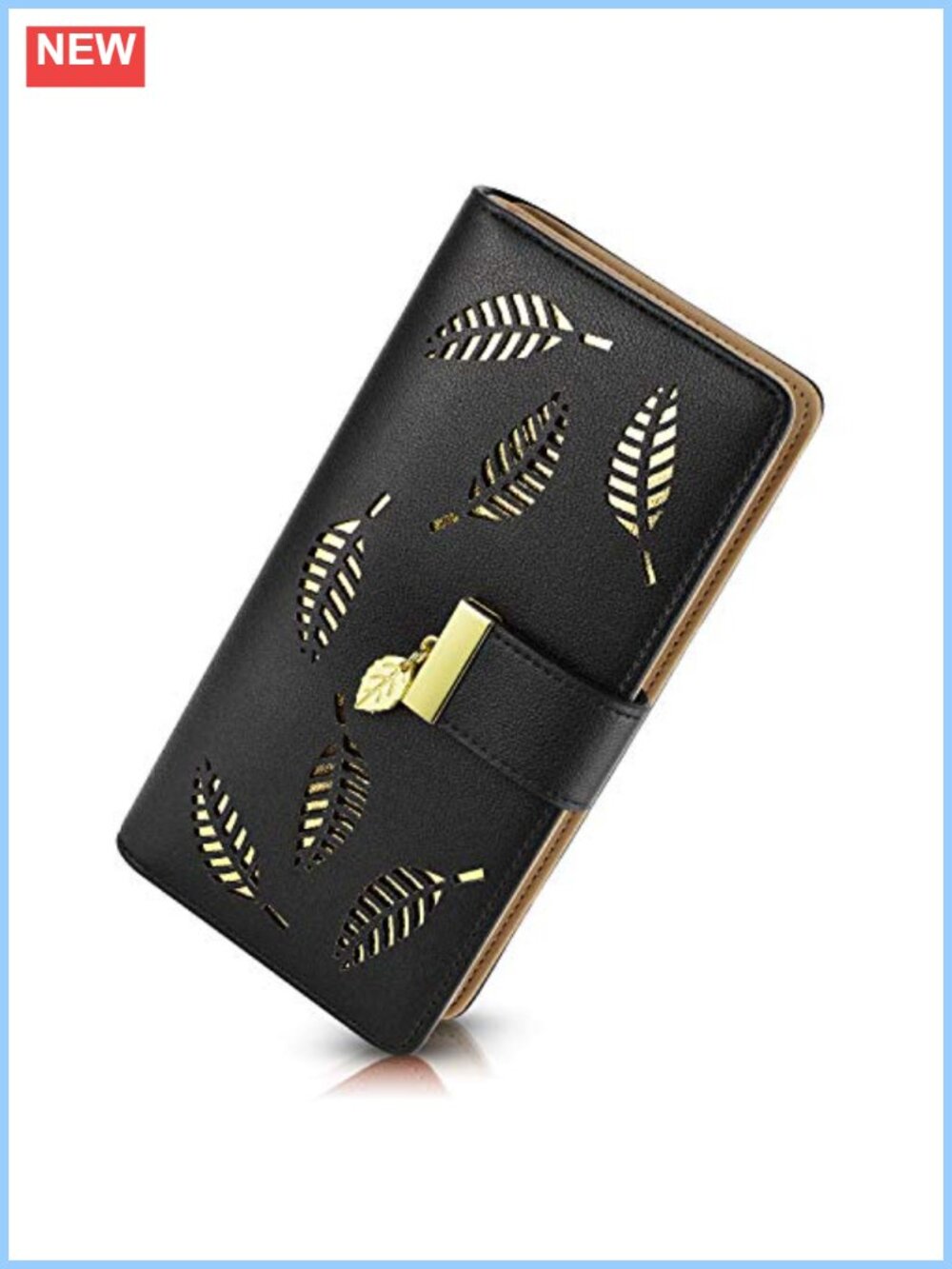 Hollow Leaf Pattern Bifold Leather Wallet Card Holder Zip Purse